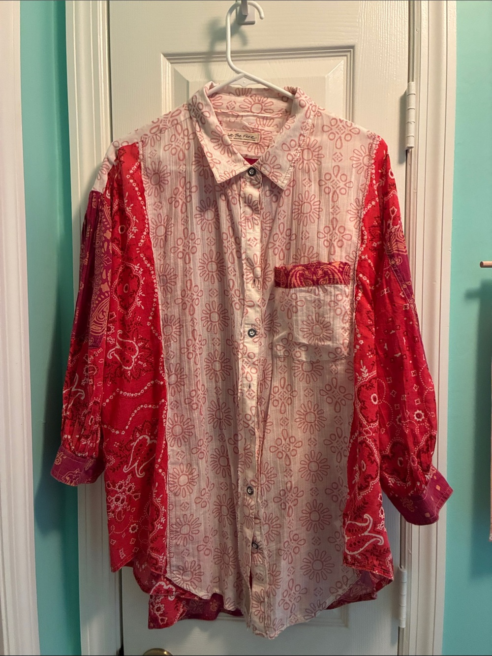 Free People Red & Cream Bandana-Panel Button Down Shirt